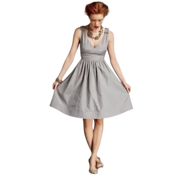 Anthropologie Hitherto Silk Cotton Beribbone Fit and Flare Pewter Gray Dress 4 - Picture 1 of 13